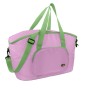 Borsa da campeggio rosa con manici verdi e tasca esterna.