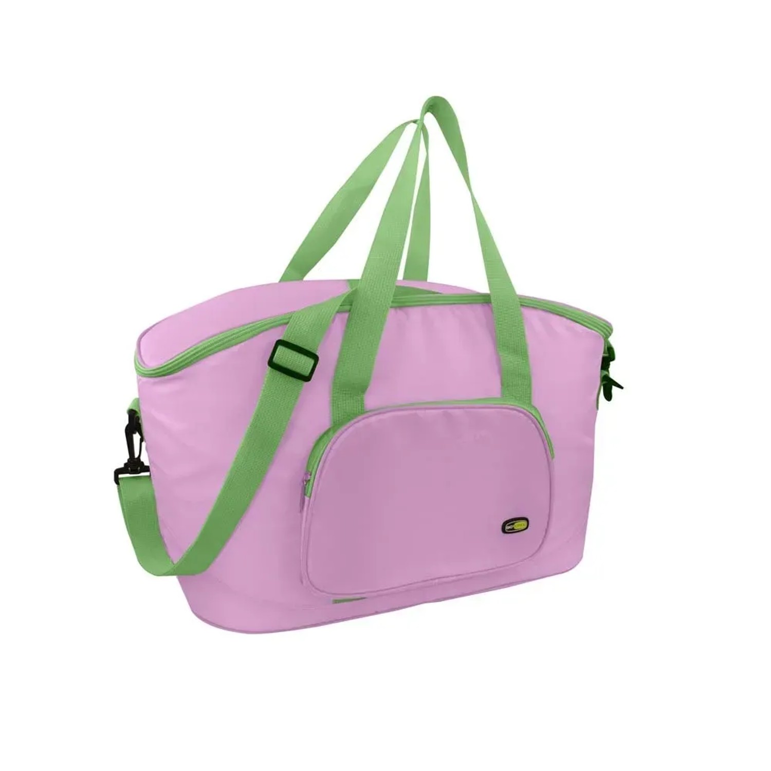 Borsa da campeggio rosa con manici verdi e tasca esterna.