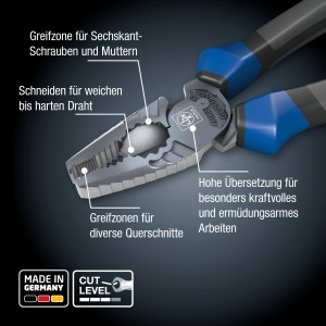 Pinza a combinazione LUX PRO 160mm con manici 3K, dettaglio delle aree di presa e taglio.