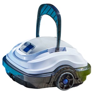 Robot piscina a batteria Orca 45 CL bianco e nero con maniglia blu per la pulizia del fondo.