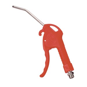 Pistola ad aria compressa rossa per accessori compressore con tubo metallico curvo.