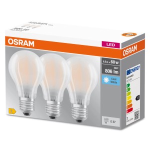 Confezione da 3 lampadine LED E27 Osram, opache, per luce bianca fredda.