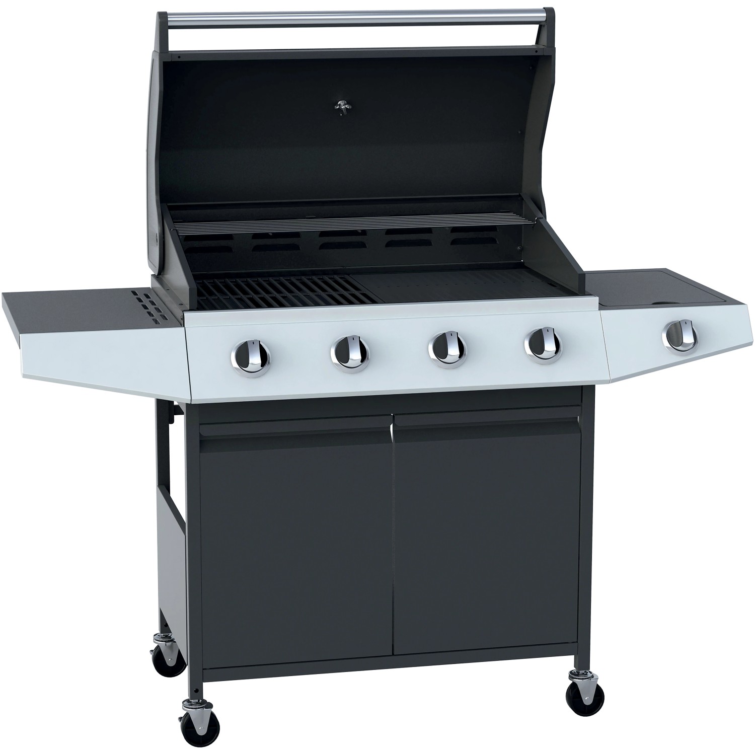 Barbecue a gas t.b.t. con quattro bruciatori, ripiani e mobile base.