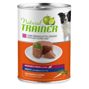 Lattina di cibo umido per cani Natural Trainer con prosciutto crudo per cani medi e grandi.
