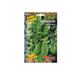 Confezione di semi di spinaci 'Merlo Nero' per coltivare erbe aromatiche in giardino.