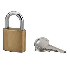 Lucchetto color ottone con chiave per una maggiore sicurezza.
