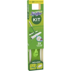 Kit Swiffer Duster: Scopa per pavimenti con 8 panni antipolvere in scatola verde.