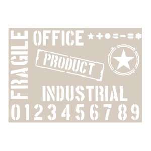 Stencil t.b.t. con motivi come "Fragile", "Office", numeri e stella per dipingere.