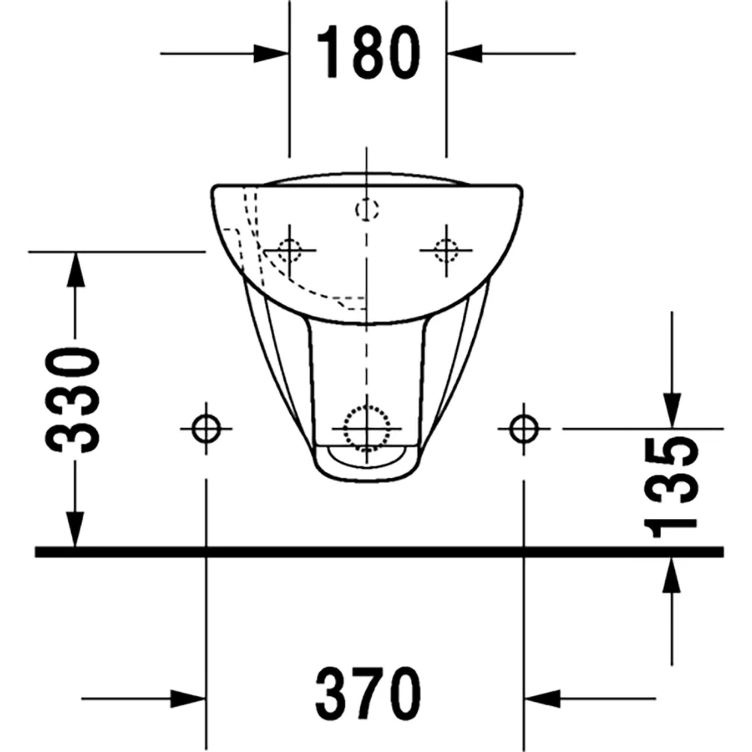 Disegno tecnico del bidet sospeso Duravit D-Code con dimensioni per l'installazione.