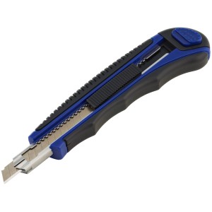Cutter LUX Comfort 9 mm con manico blu e nero e lama retrattile.