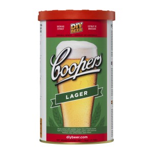 Kit per birra Coopers Lager, lattina con etichetta e motivo bicchiere di birra.