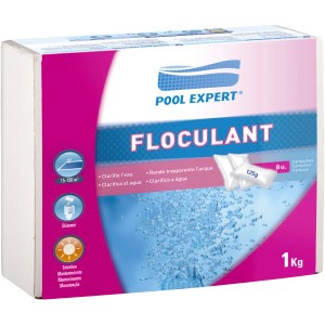 Cartucce flocculanti per piscina, confezione da 1 kg per la chiarificazione dell'acqua.