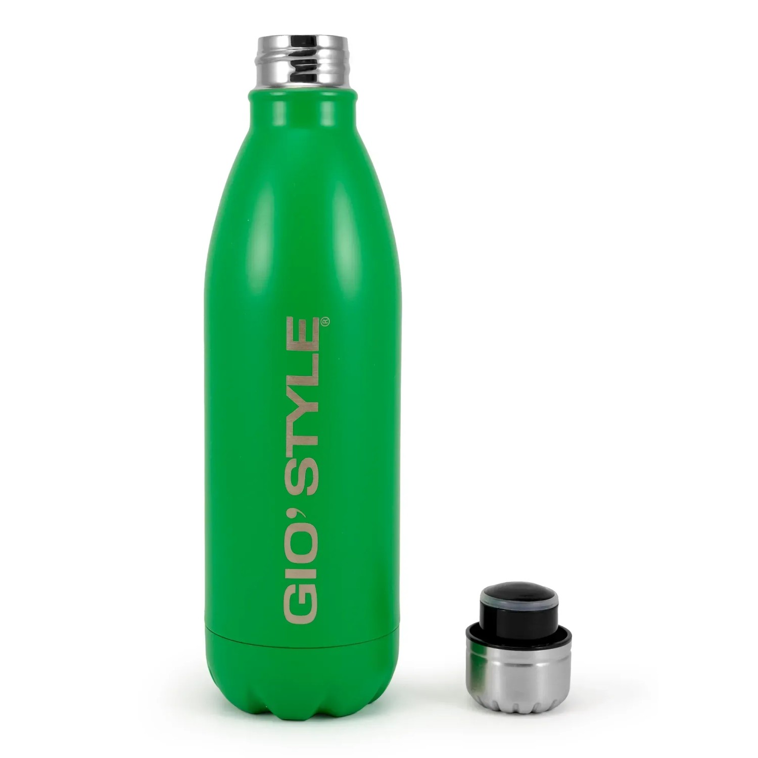 Borraccia verde t.b.t. con tappo argentato, ideale per il campeggio.