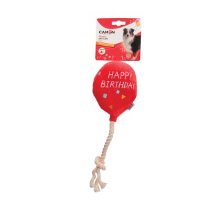 Peluche per cani a forma di palloncino rosso "Happy Birthday" con corda.