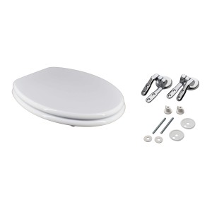 Sedile WC t.b.t. bianco con accessori di montaggio per l'installazione.