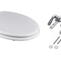 Sedile WC t.b.t. bianco con accessori di montaggio per l'installazione.