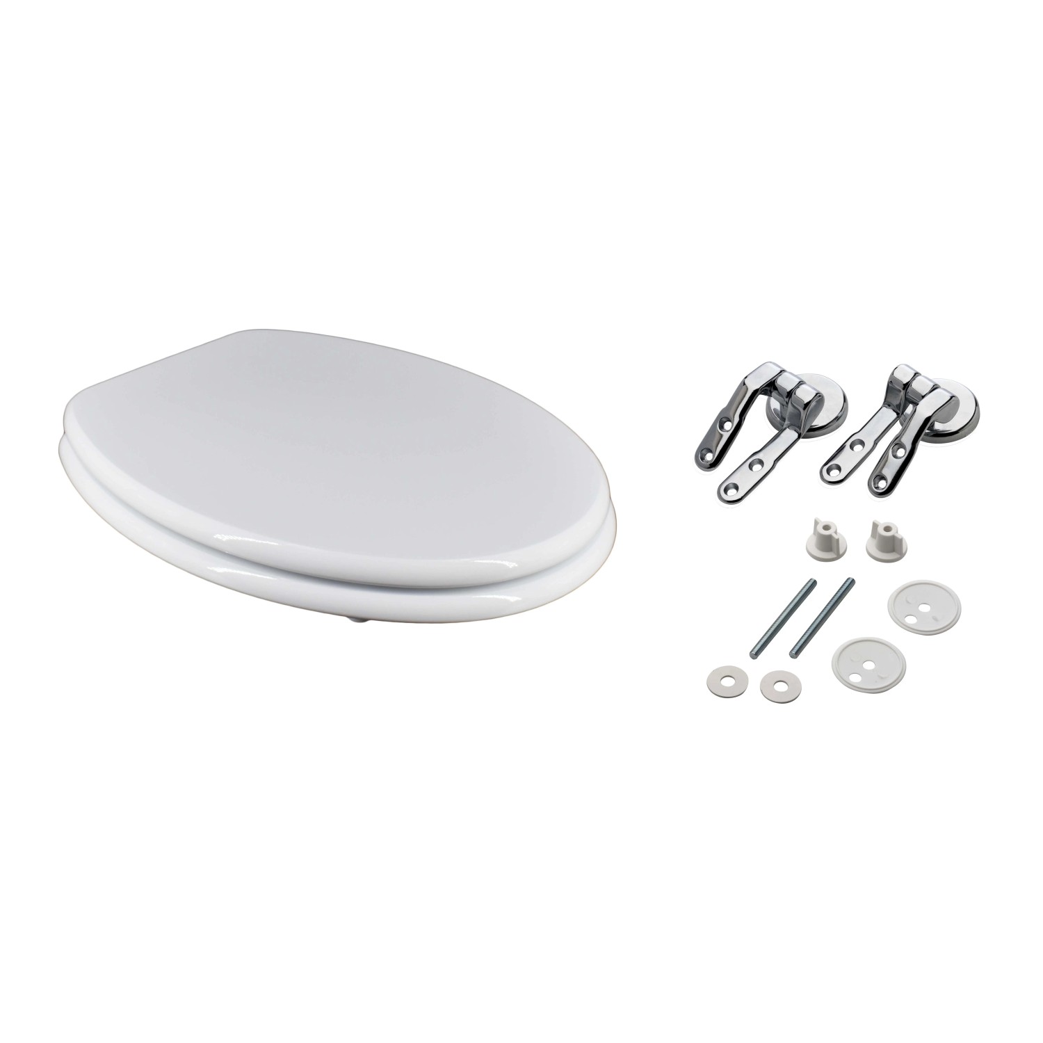Sedile WC t.b.t. bianco con accessori di montaggio per l'installazione.