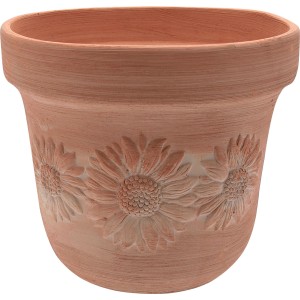 Vaso in terracotta t.b.t. con rilievo di girasoli.