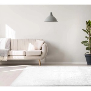 Tappeto bianco e soffice in soggiorno con divano e pianta. T.b.t. tappeto a pelo lungo.