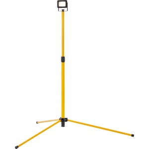 Faro da lavoro a LED con treppiede giallo, regolabile in altezza, alloggiamento in alluminio nero. Lampada da lavoro per il fai da te.