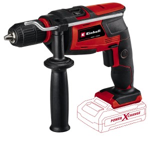 Trapano a percussione a batteria Einhell TE-ID 18 Li-Solo, rosso/nero, con impugnatura supplementare e mandrino autoserrante.