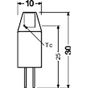 Disegno tecnico Osram lampadina LED G4, 1W, bianco caldo, dimensioni 3 x 1 cm.