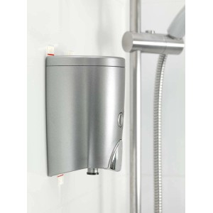 Dispenser di sapone argentato t.b.t. per montaggio a parete in bagno.