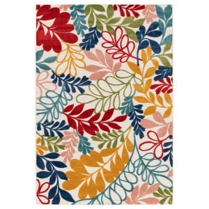 Tappeto moderno con design a foglie colorate.