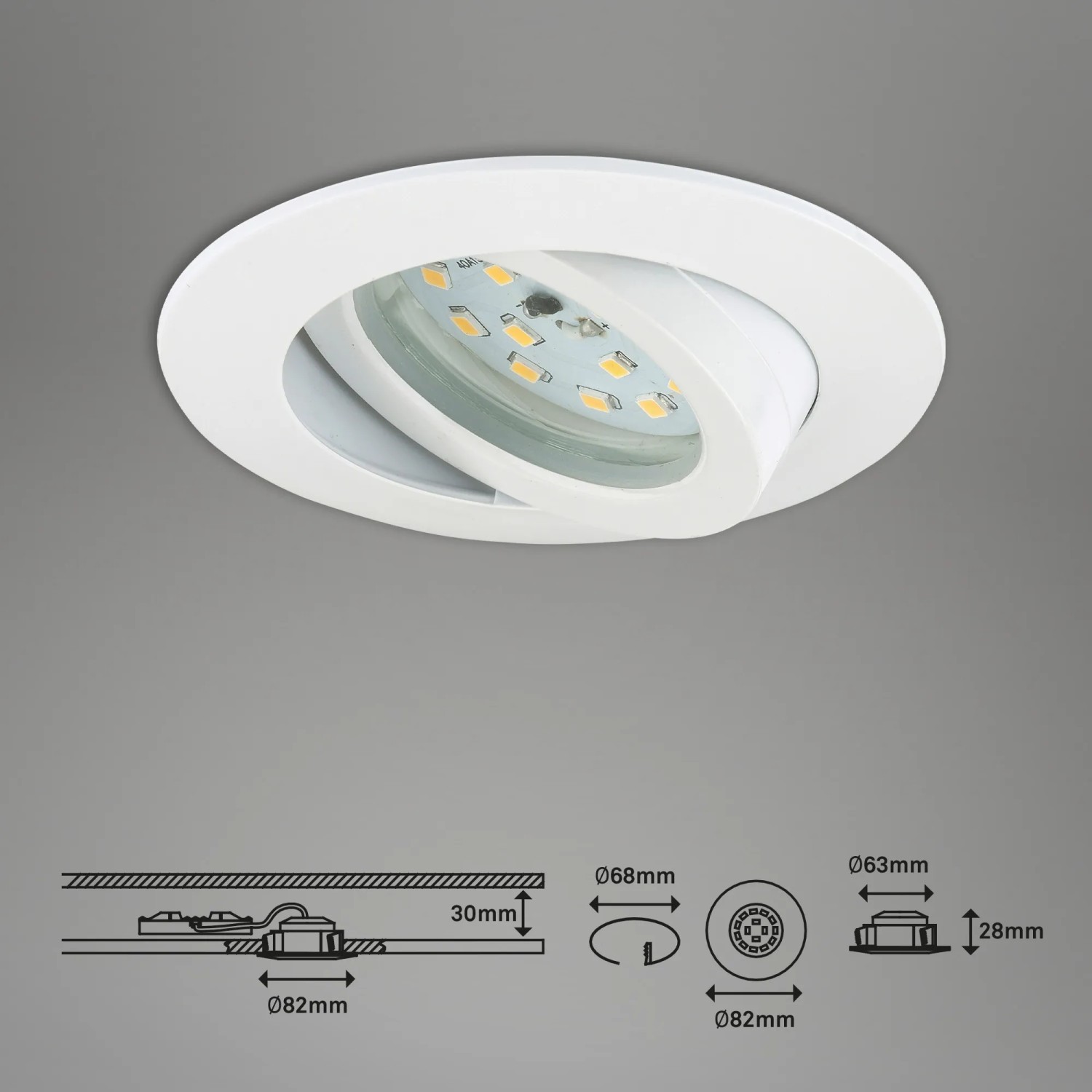 Briloner LED faretto da incasso Attach, set da 3, orientabile, bianco. Faretto con modulo LED e dimensioni.