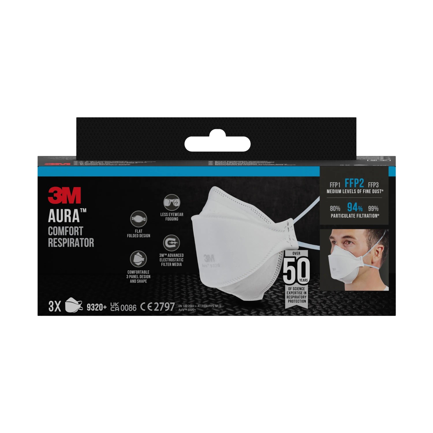 3M Aura Mascherina FFP2 9320+ confezione da 3, protezione da polveri sottili.