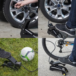 Pompa a pedale per gonfiare pneumatici auto, bici e palloni.