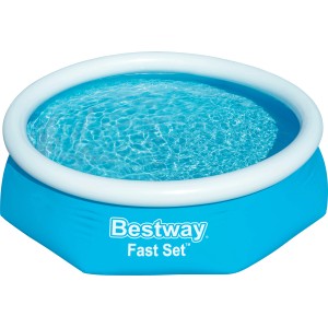 Piscina fuori terra Bestway Fast Set blu, Ø 244 cm, con anello gonfiabile bianco e acqua.