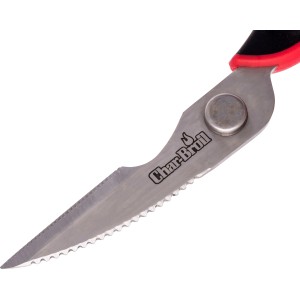 Forbici da carne Char-Broil, utensile per griglia con lama seghettata e manico rosso.