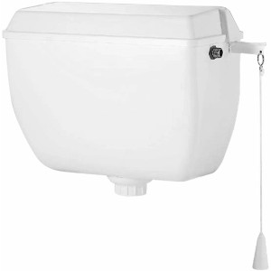 Cassetta WC bianca con cordino di scarico.