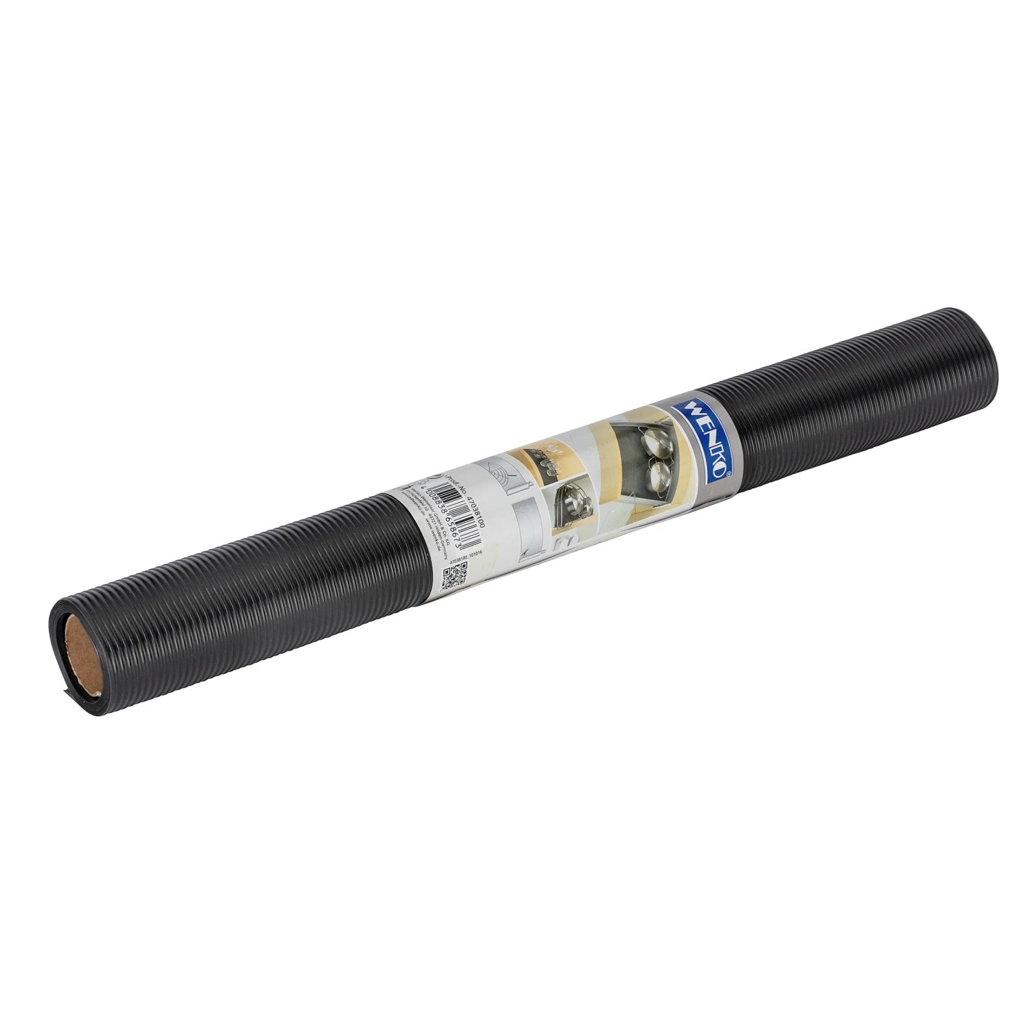 Tappetino antiscivolo Wenko, 150x50cm, nero, arrotolato. Tappetino da cucina antiscivolo per cassetti e armadi.