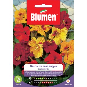 Confezione di semi di nasturzio 't.b.t.' con fiori gialli e rossi.