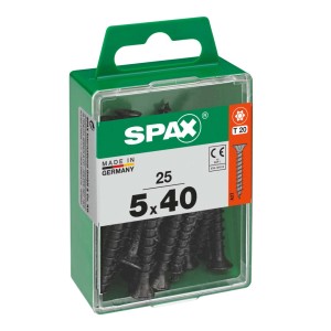 Viti universali Spax, 5x40 mm, zincate, nere, 25 pezzi in contenitore di plastica verde.