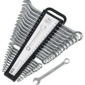 Set di chiavi combinate da 25 pezzi (6-32 mm) con supporto, ideale per bulloni e dadi.
