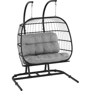 Sedia sospesa a 2 posti Wilno con struttura nera e cuscini grigi. Comoda poltrona relax per giardino e terrazza.