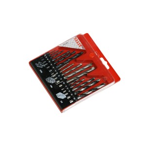Set di punte da trapano da 16 pezzi per legno, pietra e metallo in custodia di plastica.