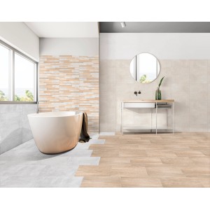 Bagno con Piastrelle per pavimenti (piastrelle) chiare effetto legno e beige.