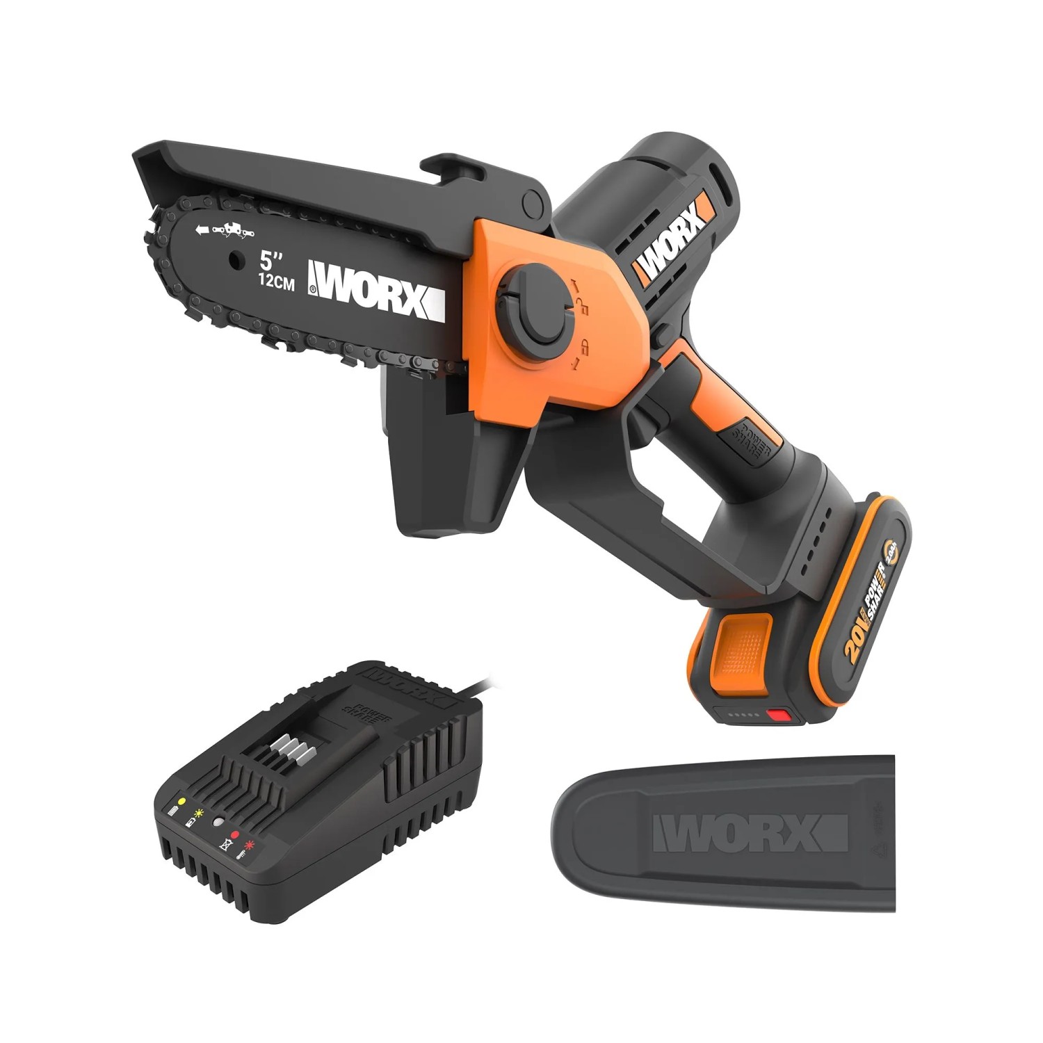 Motosega a una mano Worx WG326E 20V con batteria, caricabatterie e protezione lama.