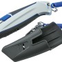 Cutter LUX con custodia e cavo a spirale blu. Coltello con corpo argentato e impugnatura morbida nera.