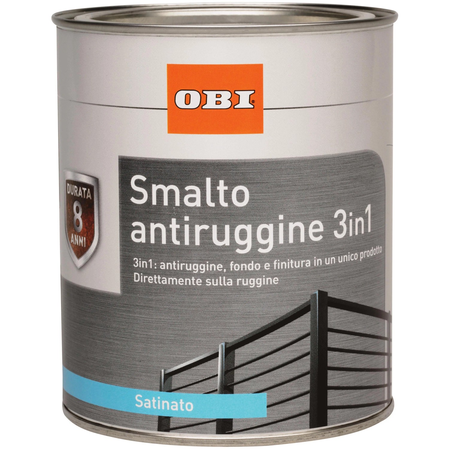 Barattolo di smalto per metalli OBI 3in1, bianco satinato, 750ml. Protezione antiruggine, primer e finitura in uno.
