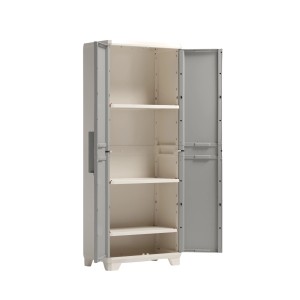 Armadio da balcone t.b.t. grigio con anta aperta e ripiani.