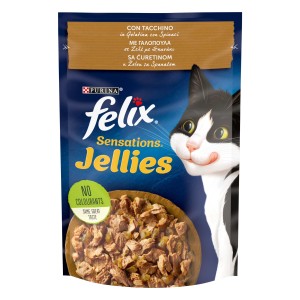 Felix Sensations Jellies cibo umido per gatti con tacchino e spinaci in gelatina, alimento completo per gatti.