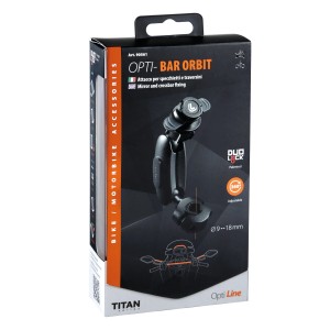 Confezione di Opti-Bar Orbit supporto per cellulare da moto per fissaggio a specchio e manubrio.
