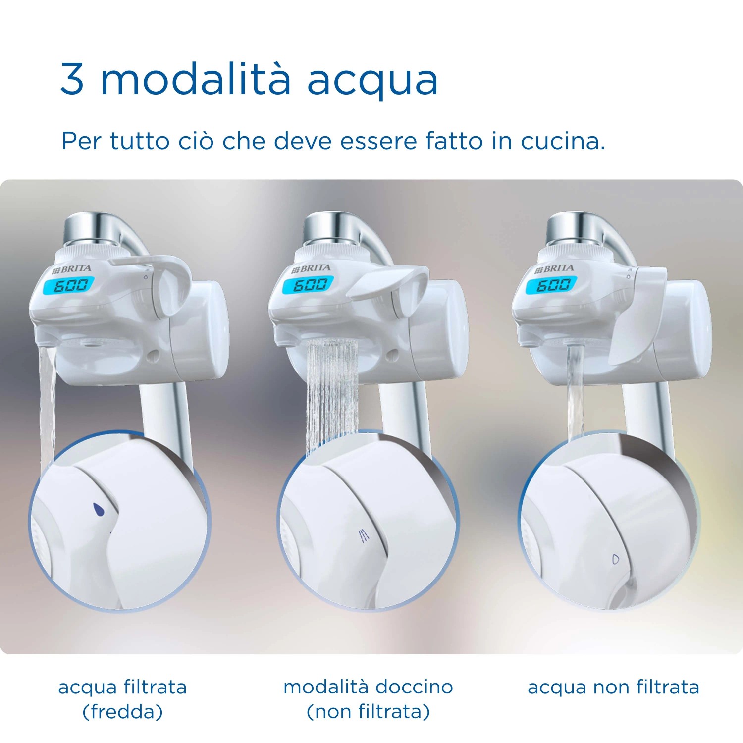 Filtro acqua Brita con 3 modalità: filtrata, doccino, non filtrata. Ideale per la cucina.