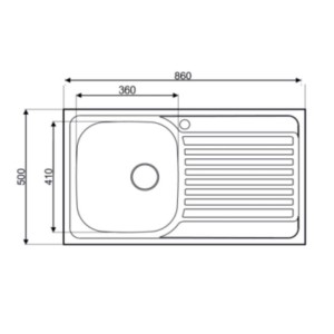 Schizzo di lavello in acciaio inox con dimensioni 860x500 mm, vasca a sinistra, scolapiatti a destra.
