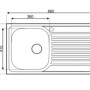 Schizzo di lavello in acciaio inox con dimensioni 860x500 mm, vasca a sinistra, scolapiatti a destra.